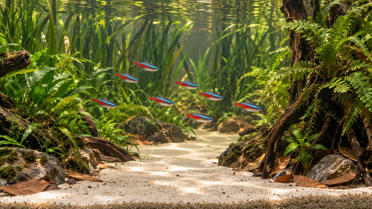 A group of neon tetras in an open corridor between green planting, roots and scattered leaves.