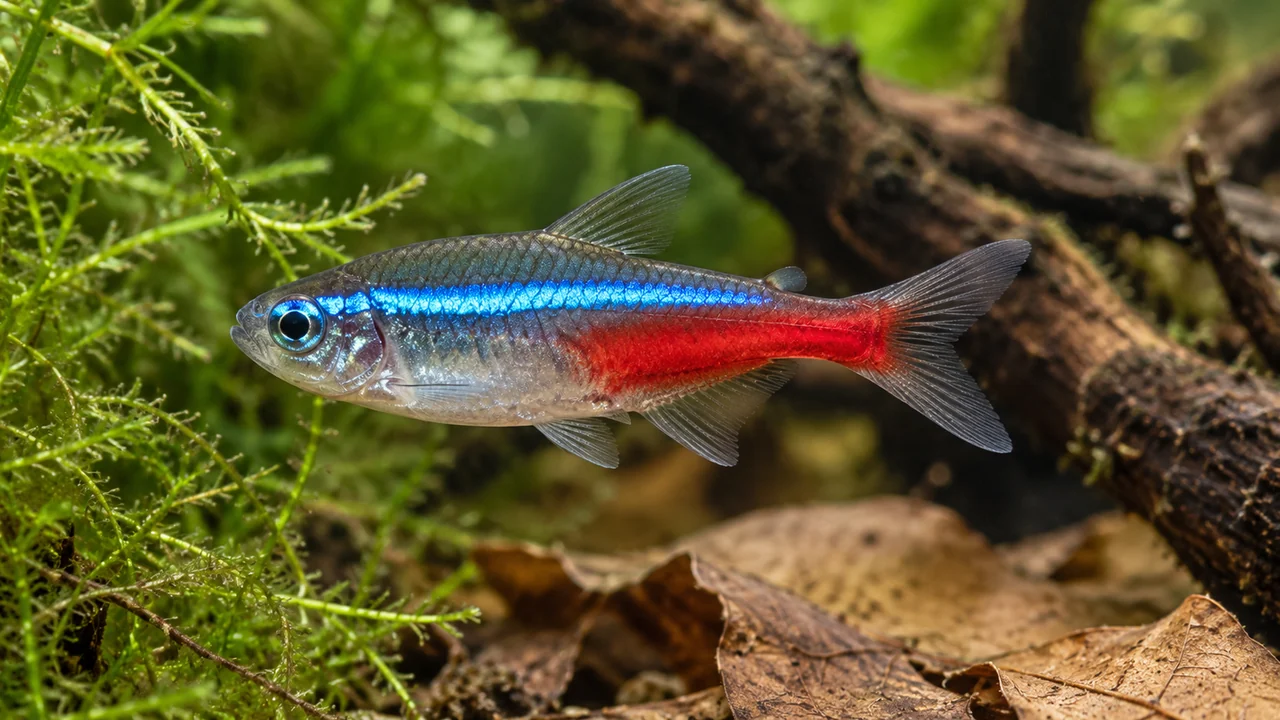 A neon tetra showing a blue stripe, silvery front abdomen and red rear flank beside green planting.