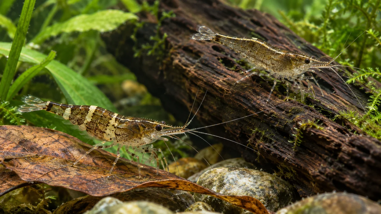 Two Ninja Shrimp with different pale markings on leaves and wood in a clear planted freshwater aquarium.