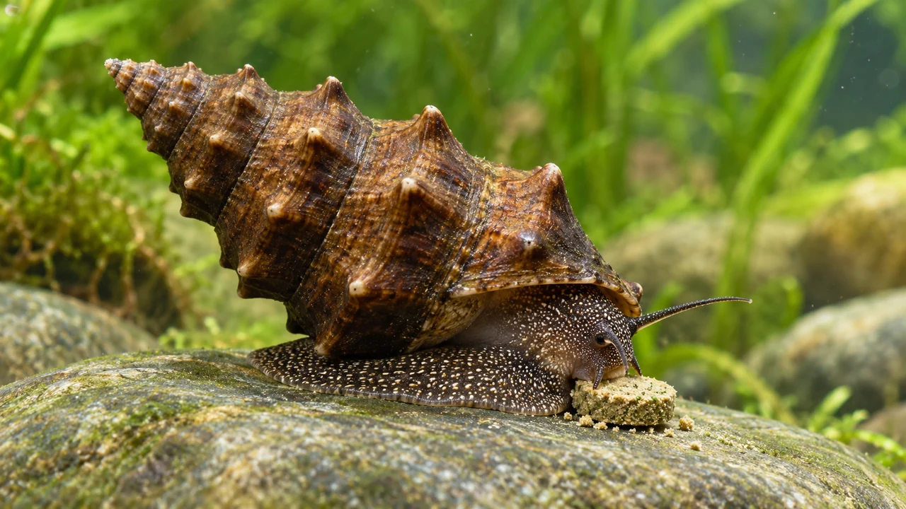 A Pagoda Snail feeding on a small sinking tablet with its sculptured shell and foot visible.
