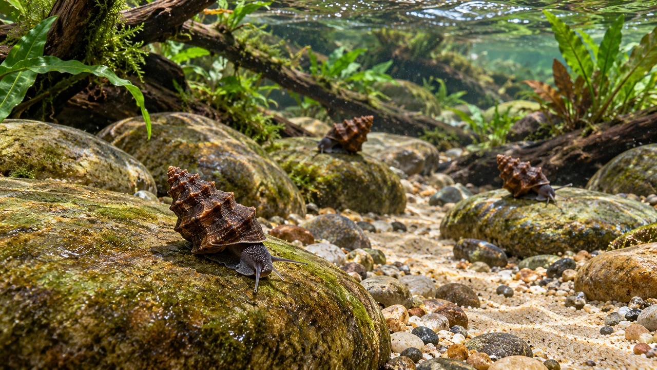 Pagoda Snails on mature rounded stones in a clear flowing aquarium with open sand and attached plants.