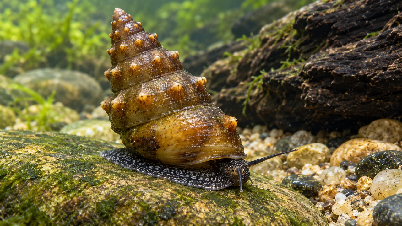 Brotia pagodula-type snail with a thick brown conical shell and nodulose whorl shoulders.
