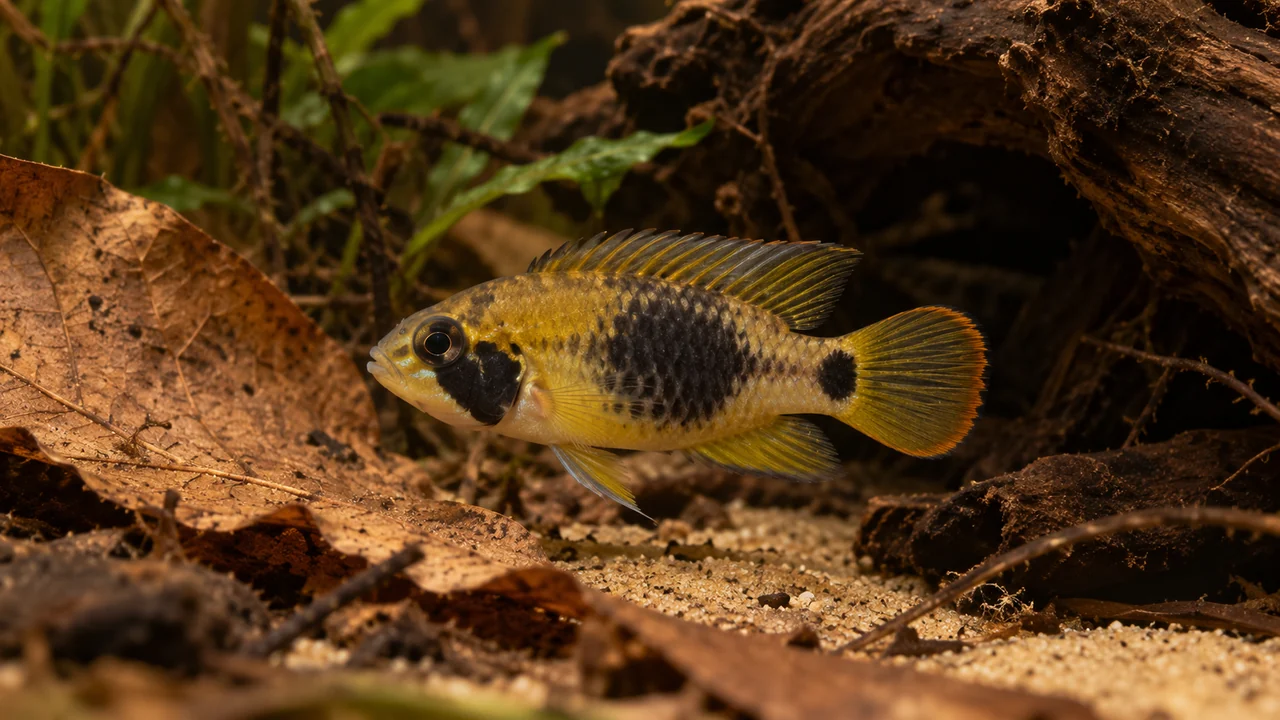 A yellow female panda dwarf cichlid with broad dark cheek and flank markings beside wood and leaves.