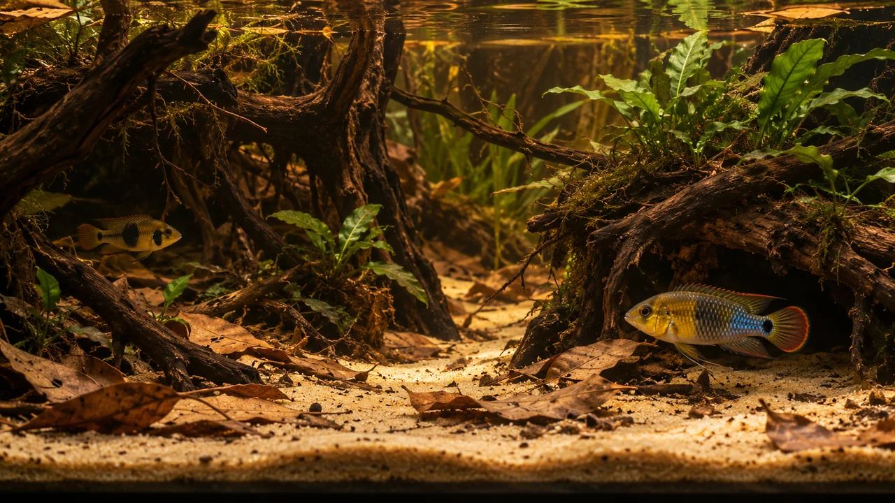Panda Dwarf Cichlid in a structured aquarium with open sand, separated cover and maintenance access.