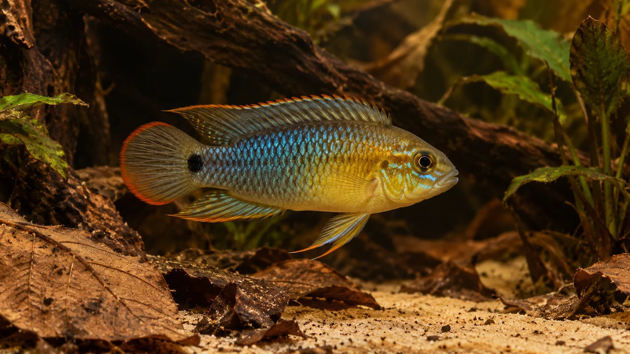 Panda Dwarf Cichlid showing its identifying shape and markings in a suitable aquarium setting.