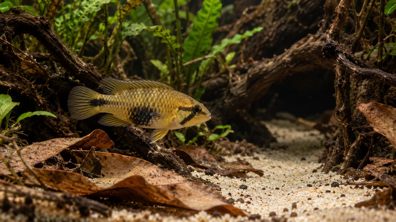A female Panduro dwarf cichlid showing a cheek stripe and irregular dark lower-flank patch near a shaded refuge.