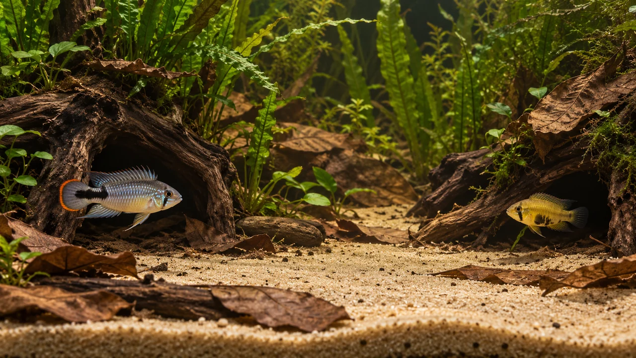 Panduro Dwarf Cichlid in a structured aquarium with open sand, separated cover and maintenance access.