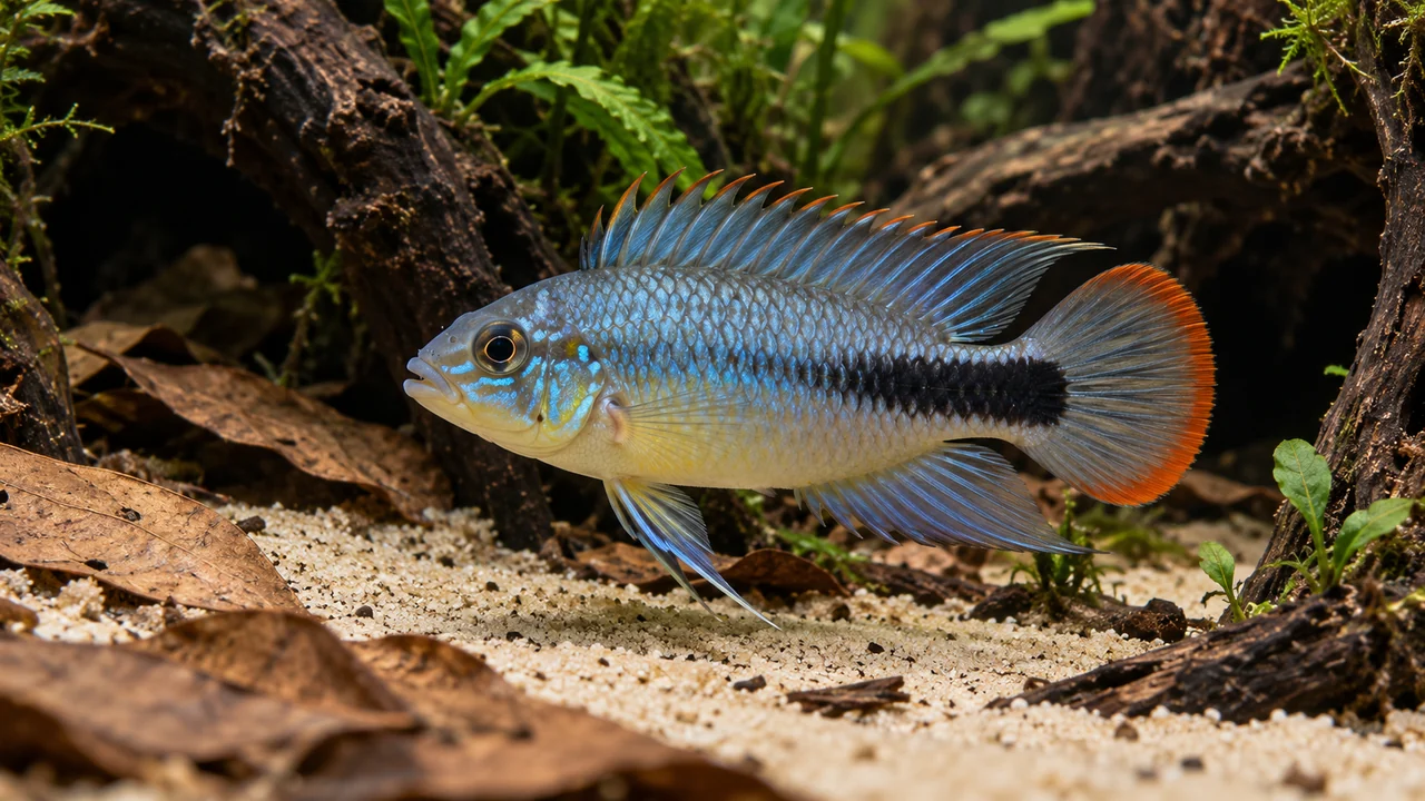 Panduro Dwarf Cichlid showing its identifying shape and markings in a suitable aquarium setting.