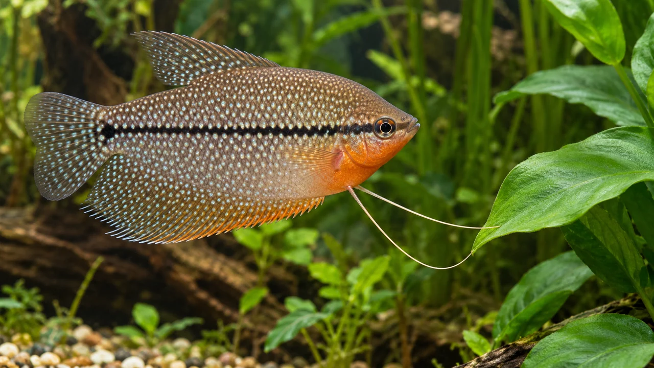 An adult male Pearl Gourami approaching a leaf with its two tactile pelvic filaments, pearl spots and orange throat visible.