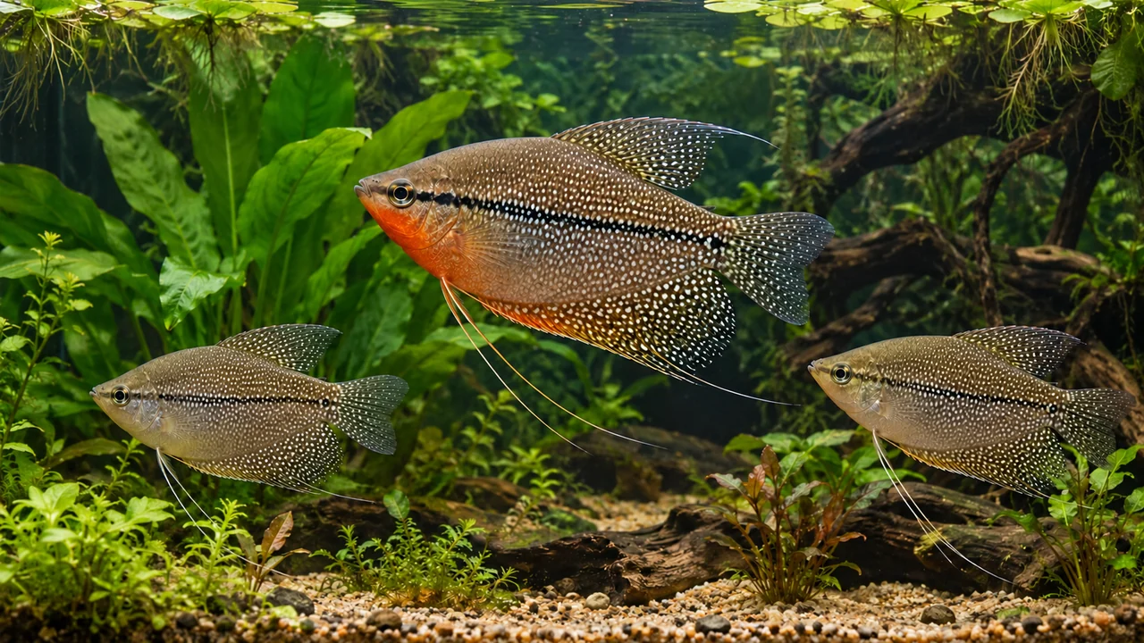 One orange-throated male and two quieter Pearl Gouramis among planted margins and open water.