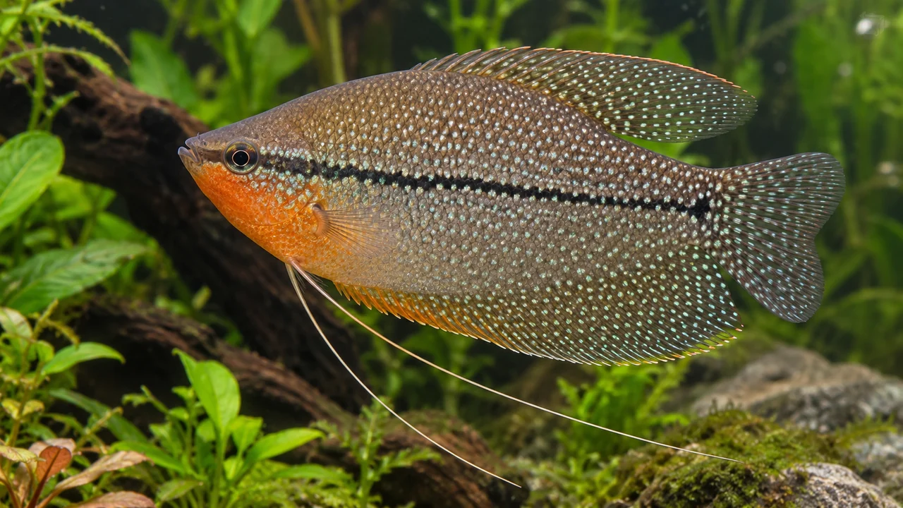 Pearl Gourami showing its identifying shape and markings in a suitable aquarium setting.
