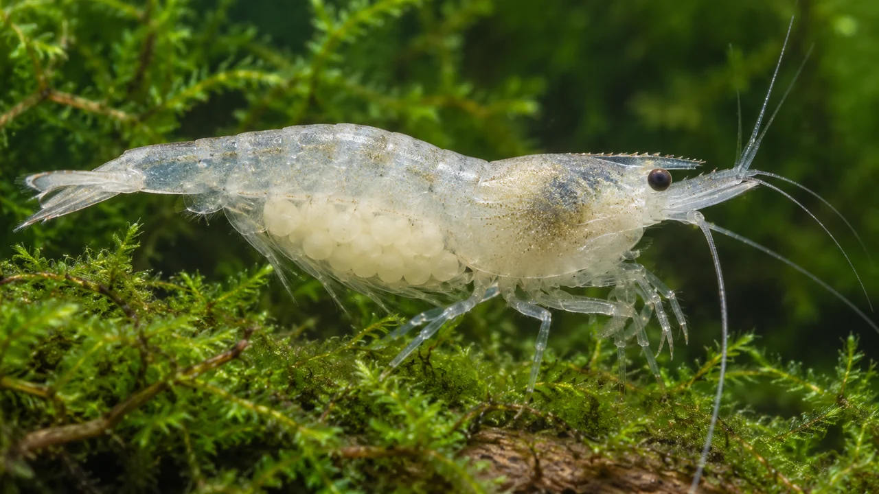 Pale Pearl-type Neocaridina female carrying light-coloured eggs beneath its abdomen.