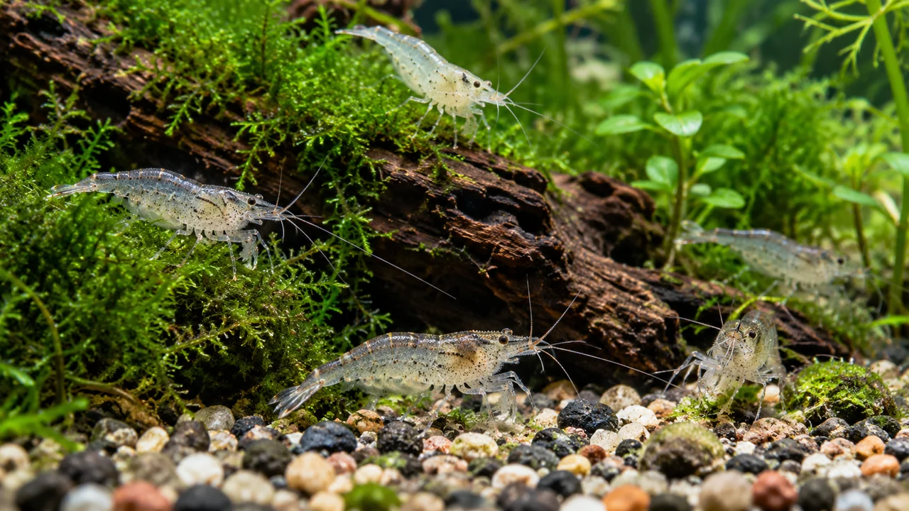 Small translucent Pearl-type Neocaridina grazing on wood and moss in a planted freshwater aquarium.