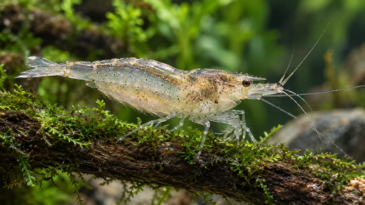 Pale translucent Pearl-type Neocaridina with fine mottling grazing on moss-covered wood.
