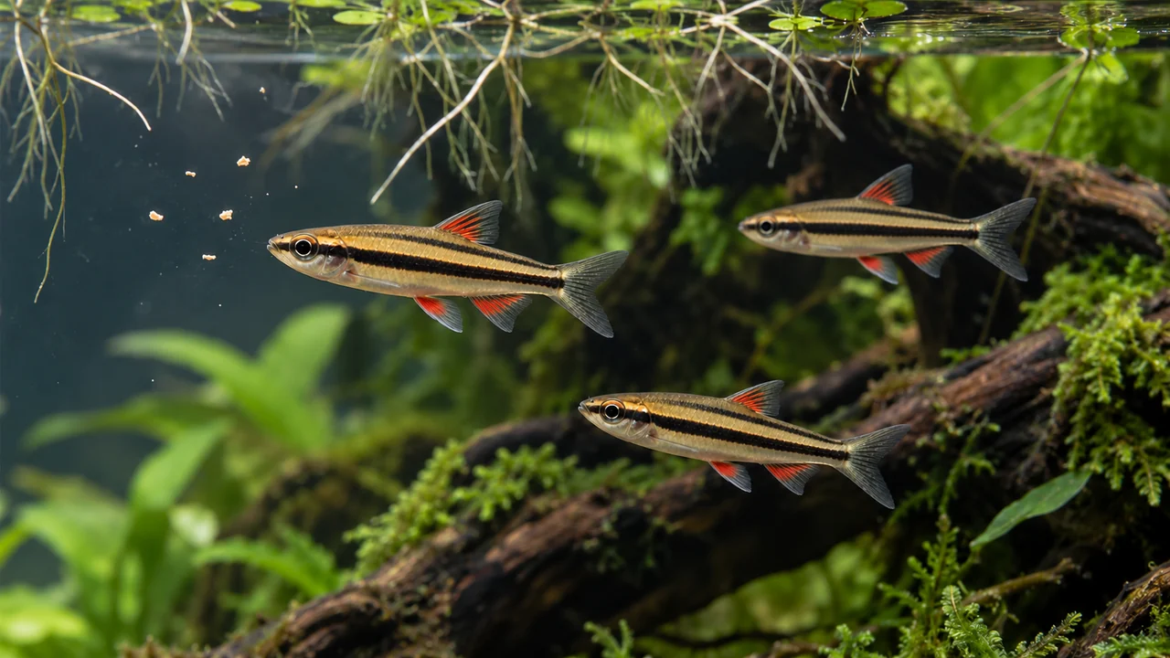 Three dwarf pencilfish hovering near fine suspended food below floating-plant roots.