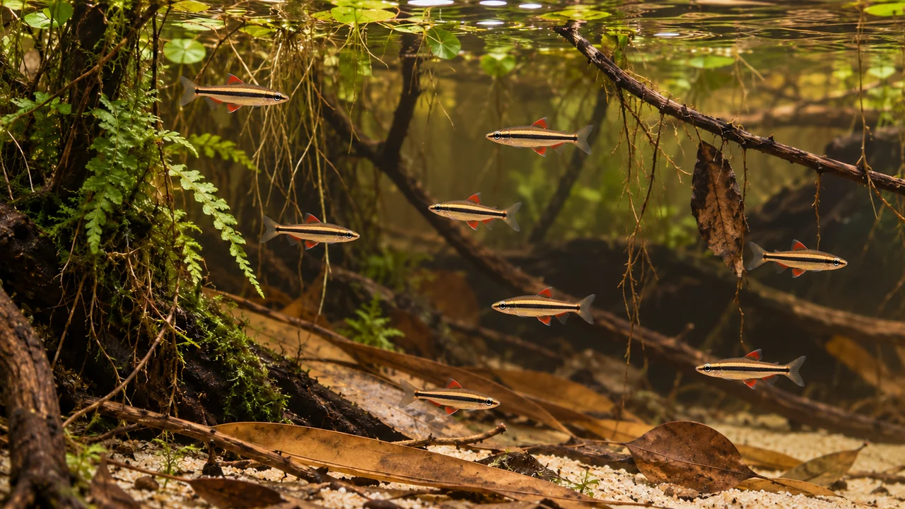 A group of dwarf pencilfish hovering at different positions beneath floating roots beside slender branches and scattered leaves.
