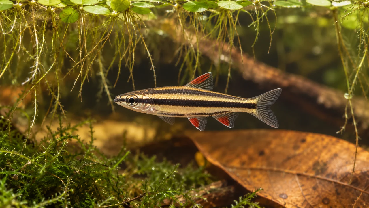 A compact dwarf pencilfish with three dark longitudinal stripes and small red fin patches hovering beneath fine roots.