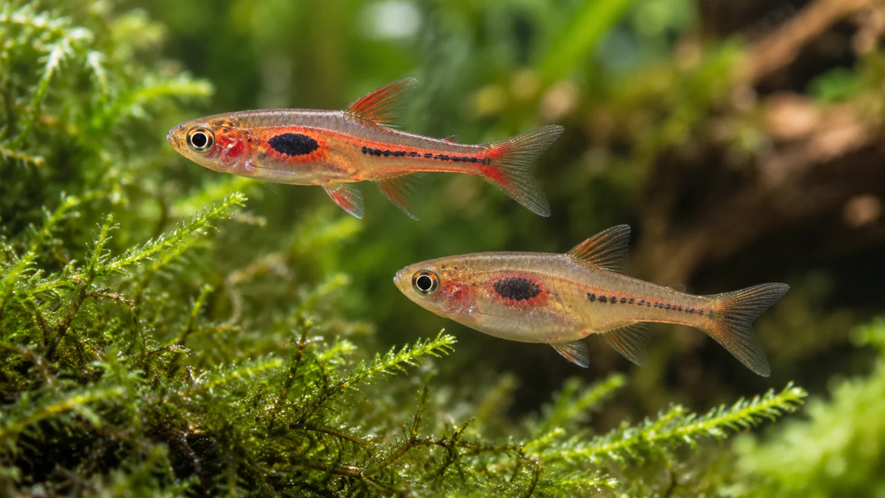 Two Phoenix Rasboras beside fine planting, showing oval anterior flank blotches and narrow trailing markings.