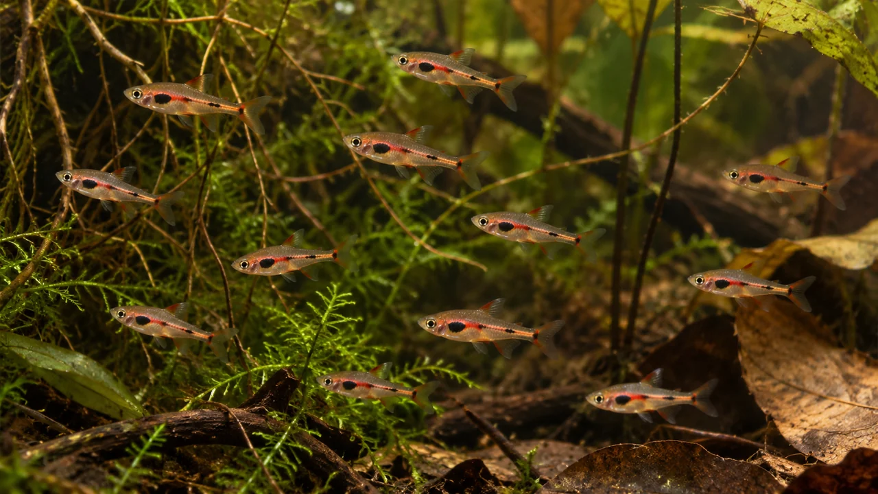 Phoenix Rasboras dispersed through shaded planted water, with thin roots and scattered leaves below.