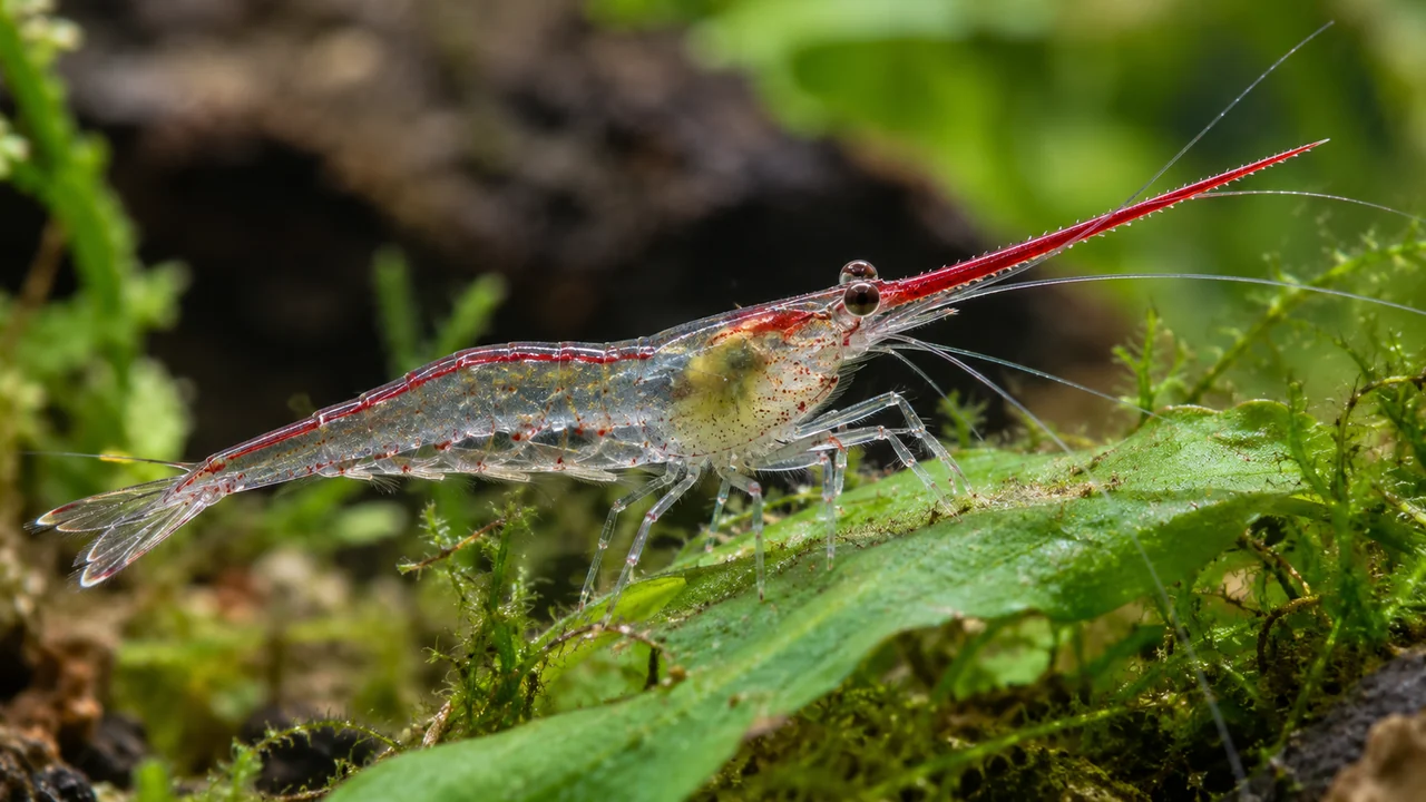 Transparent Pinocchio Shrimp with a long narrow red rostrum and fine picking legs beside a plant leaf.