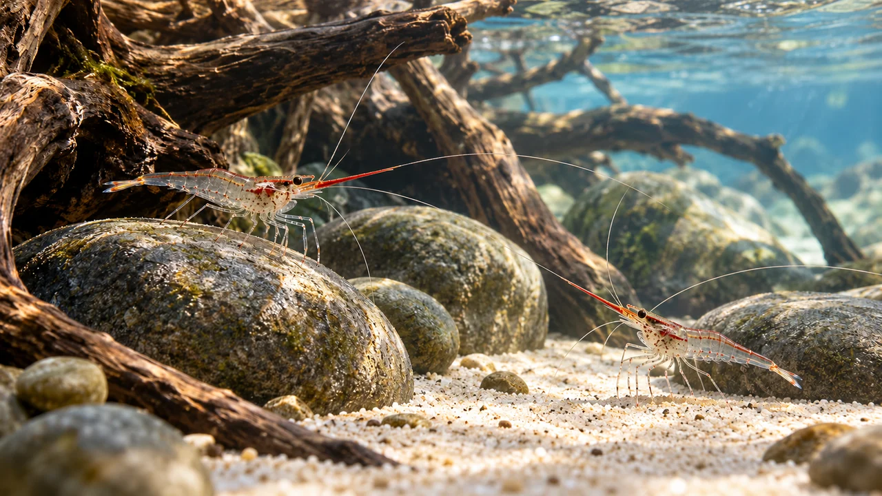 Two transparent Red Nose Shrimp with long red rostra beside branching wood and open swimming space.
