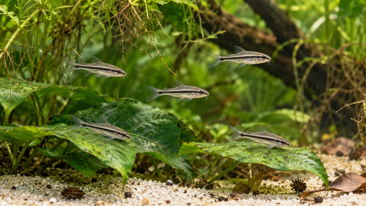 Slender pygmy corys with continuous dark flank stripes hovering beside broad aquarium leaves.