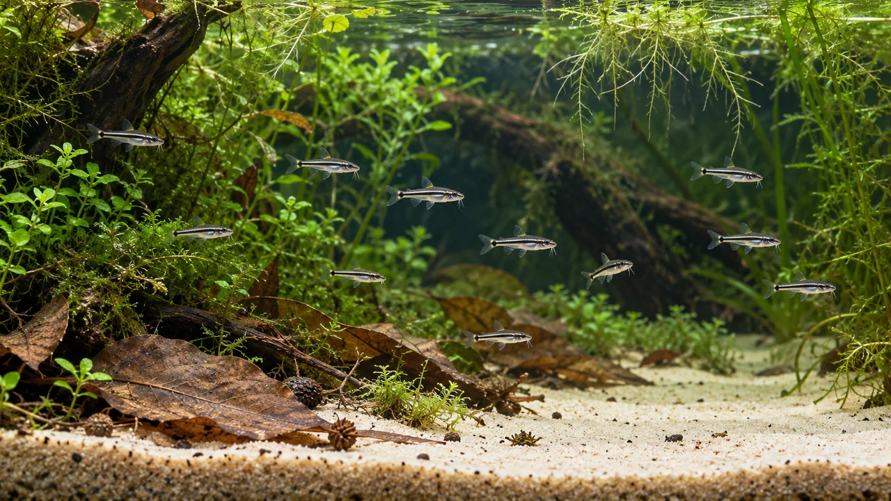 A group of pygmy corys in planted midwater with open routes above a fine-sand aquarium floor.