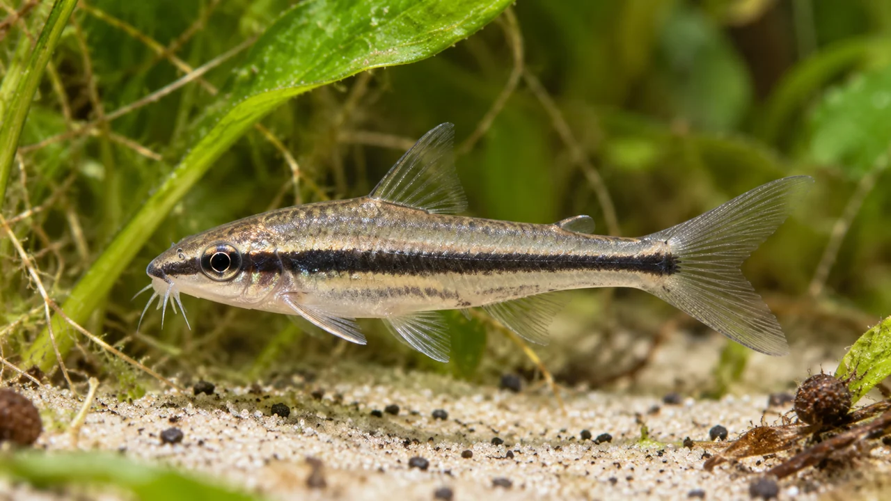 Pygmy Cory showing its identifying shape and markings in a suitable aquarium setting.