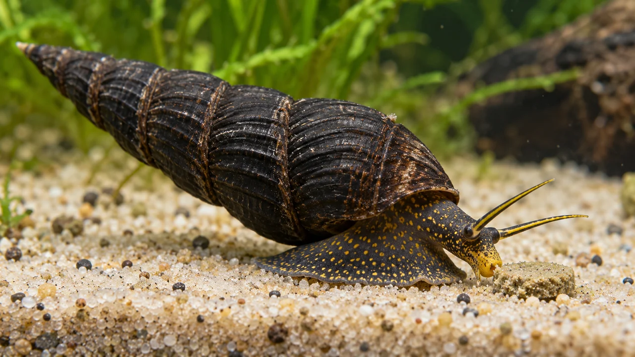 Yellow-spotted Tylomelania gemmifera grazing a small sinking food tablet at the sand surface.
