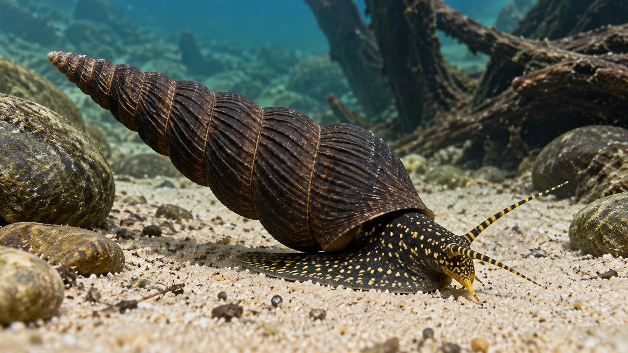 Tylomelania gemmifera with a dark strongly ribbed turret shell, yellow-spotted foot and yellow-striped tentacles.