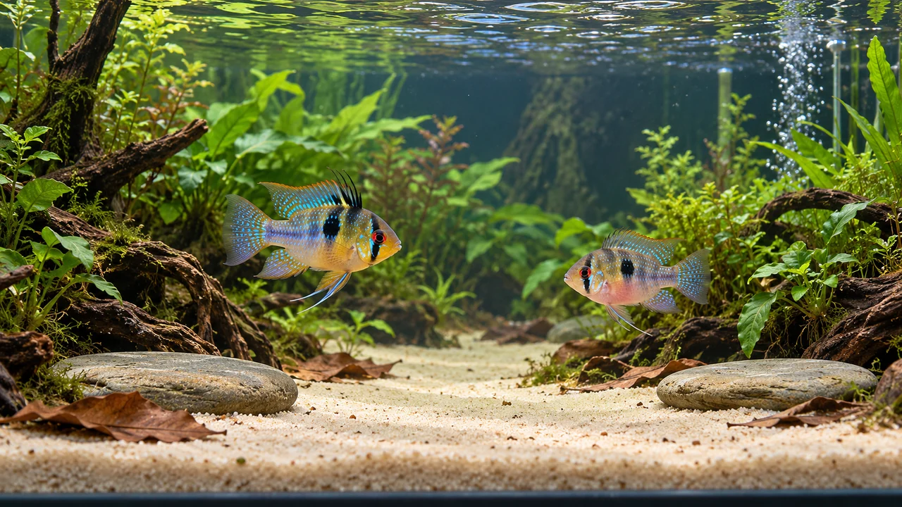 Ram Cichlid in a structured aquarium with open sand, separated cover and maintenance access.