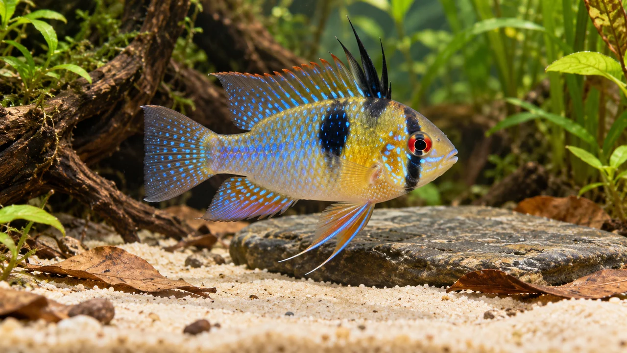 Ram Cichlid showing its identifying shape and markings in a suitable aquarium setting.