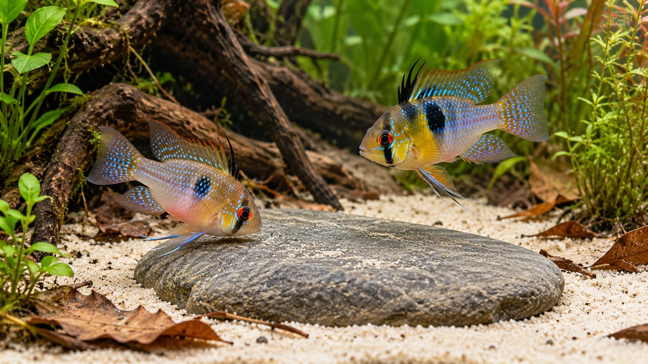 Normally proportioned blue rams inspecting the top of a flat stone; the smaller female has a rosy belly.