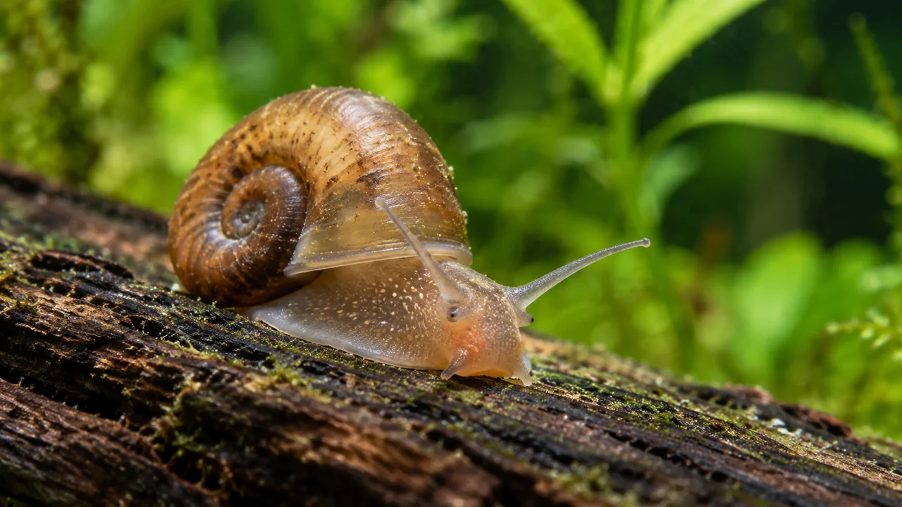 A ramshorn snail with its coiled shell, foot and tentacles visible as it grazes along submerged wood.