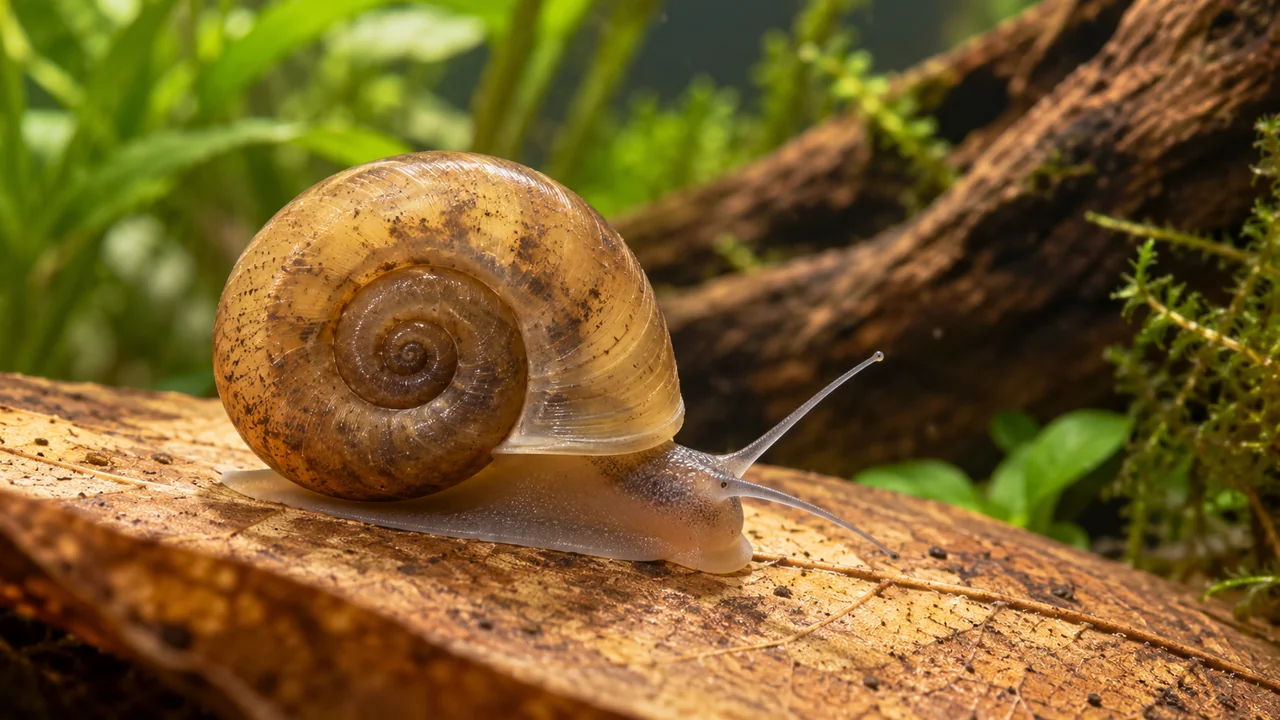Ramshorn snail with a coiled brown shell and visible body moving over a submerged leaf.