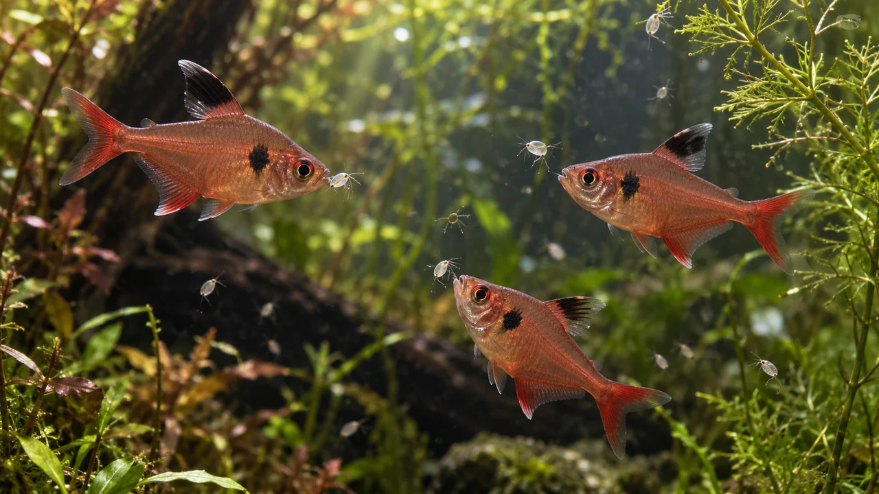 Red phantom tetras taking small water fleas in shaded midwater.