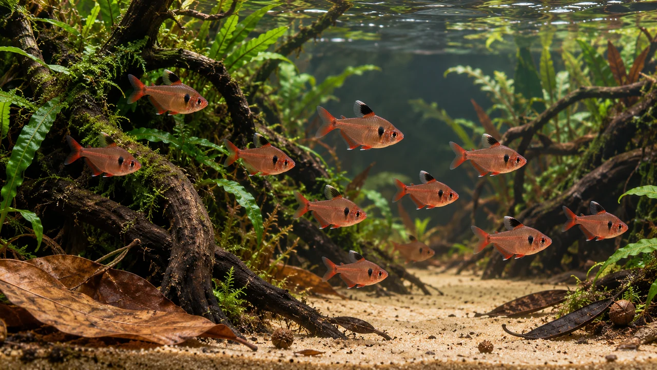 Red Phantom Tetra in a spacious aquarium with branchwork, planting, sparse leaf litter and open water.