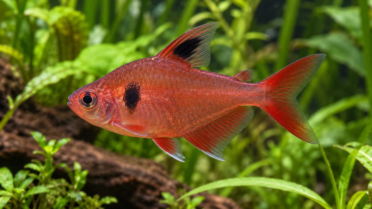 Red Phantom Tetra showing its natural body shape and identifying markings beside aquarium planting.