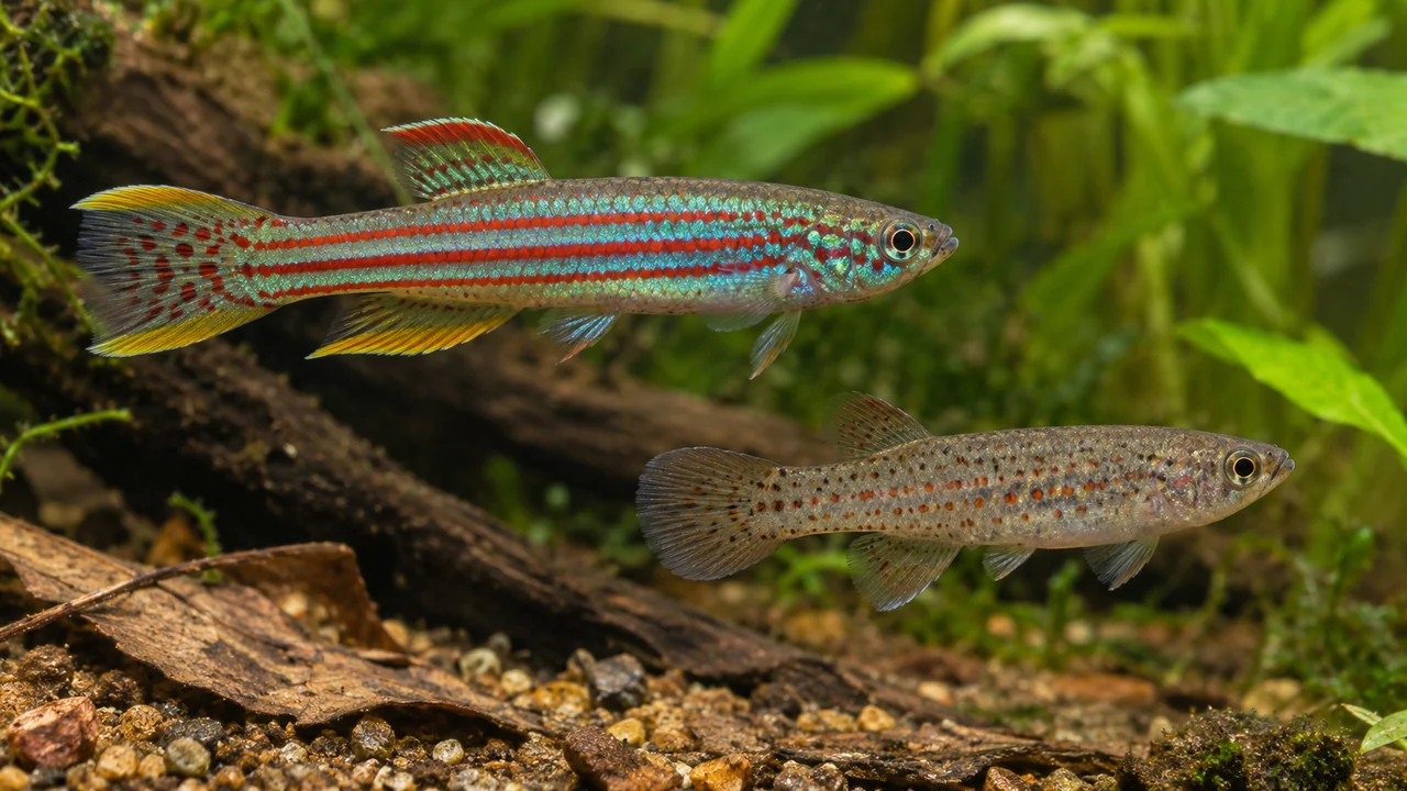 A male Red-Striped Killifish with lengthwise red markings beside a quieter female with shorter rounded fins.
