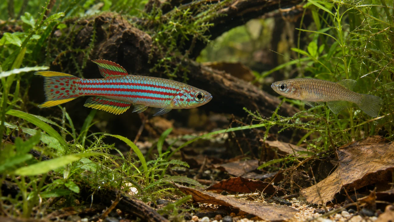 A red-striped male and plain female at separate fine-leaved edges in a mature planted aquarium.
