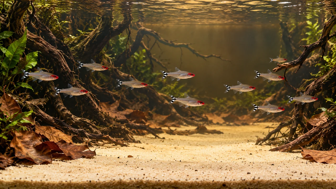 A rummy-nose tetra group swimming along a long open route between wooded aquarium margins.