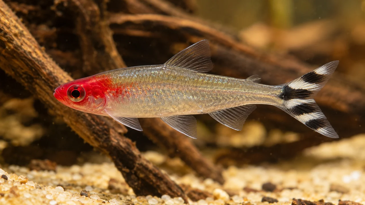 A Bleher’s rummy-nose tetra with a red head extending towards the shoulder, silver body and black-and-white forked tail.