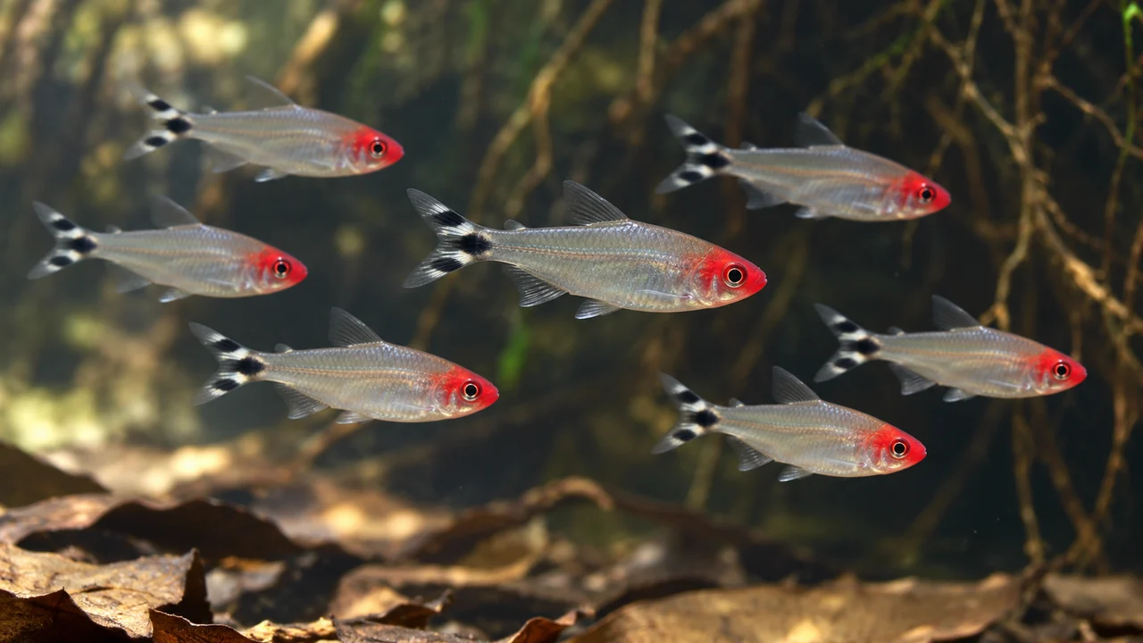 A loose school of silver rummy-nose tetras with red heads and black-and-white tails moving through midwater.