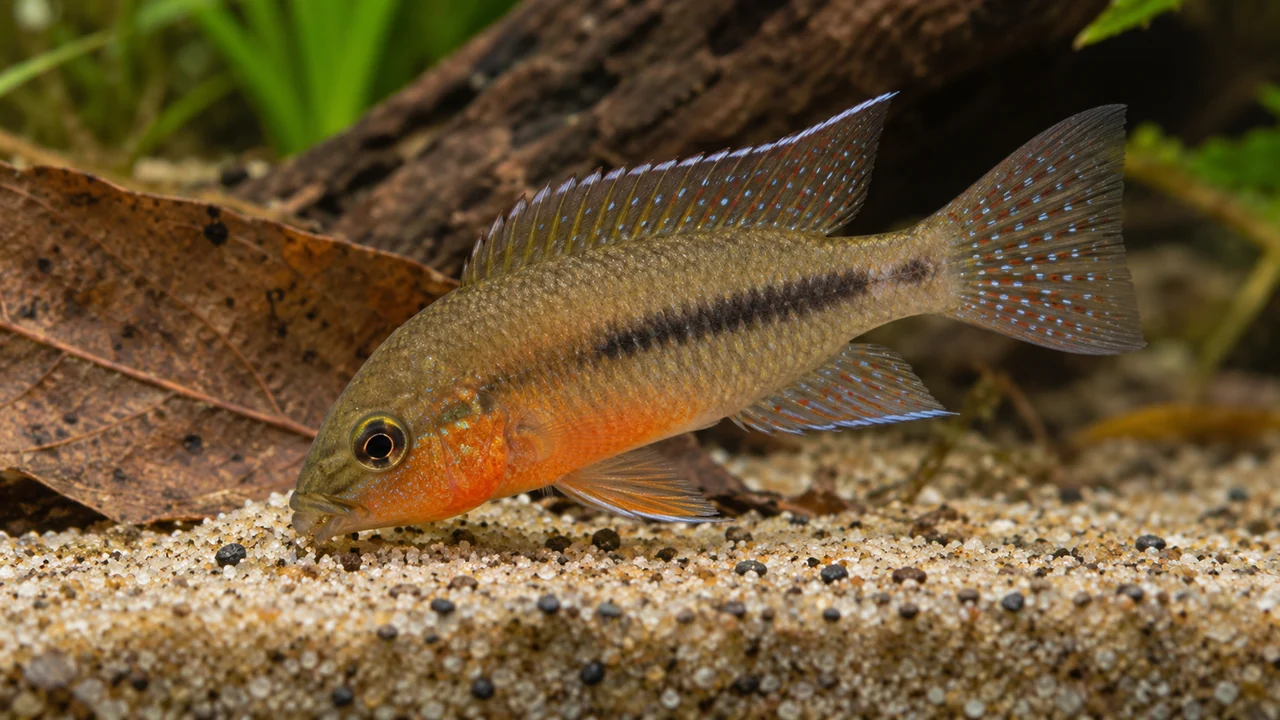 Sabina’s Dwarf Cichlid searching fine sand beside a leaf, with an orange throat and flank marking that does not continue into the tail fin.