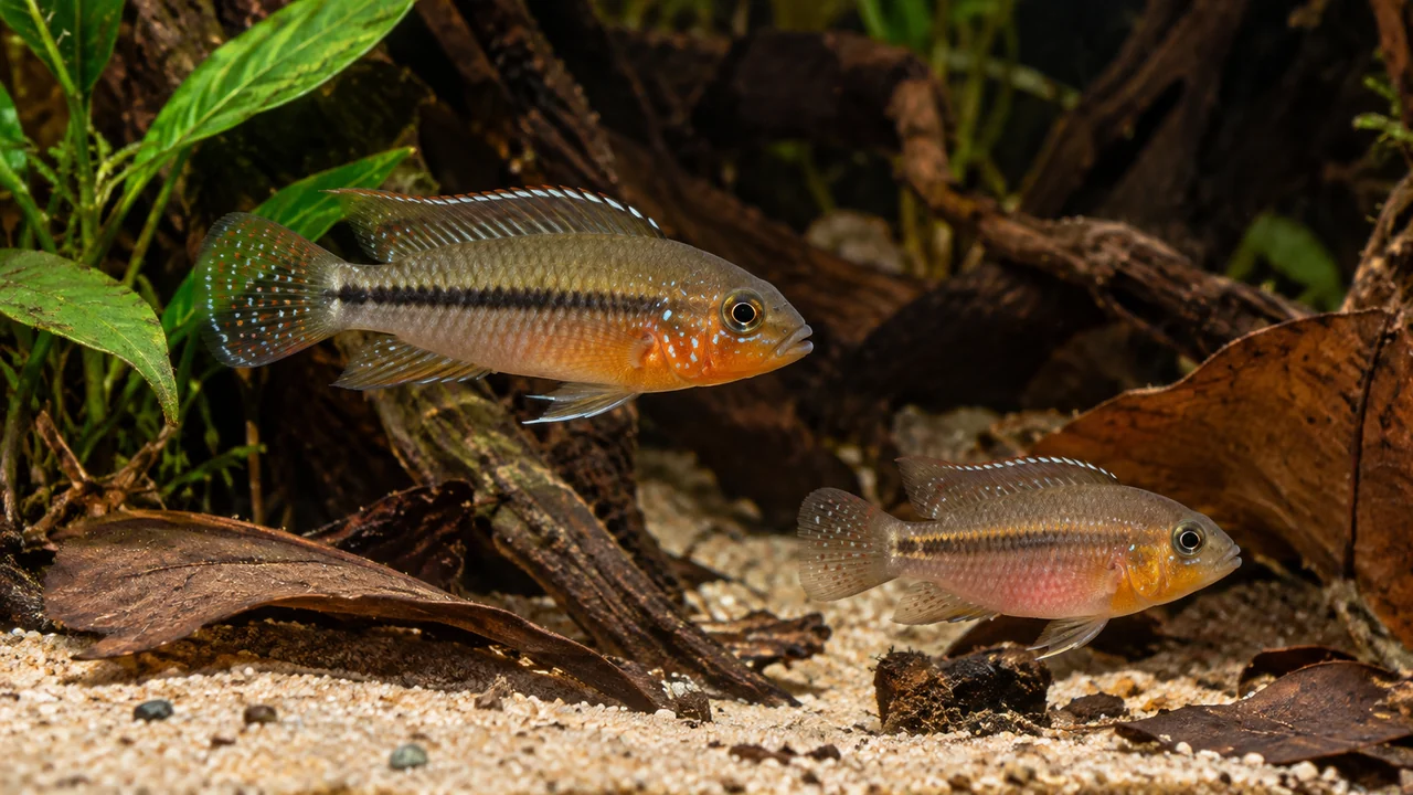 A male and smaller rosy female Sabina’s Dwarf Cichlid separated among roots and scattered leaves over fine sand.