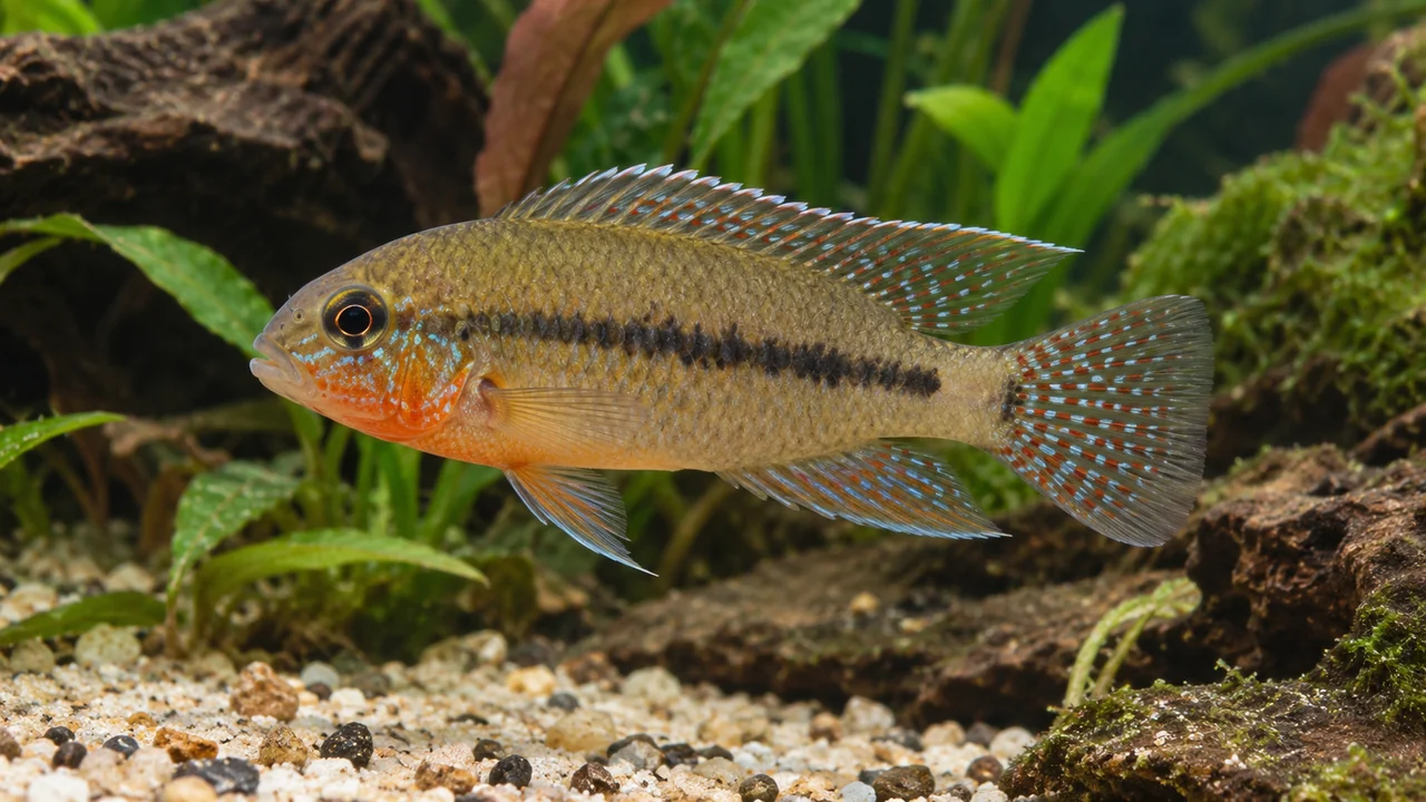 Sabina’s Dwarf Cichlid showing its identifying shape and markings in a suitable aquarium setting.