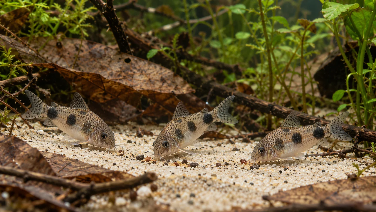 Small stocky salt-and-pepper corys foraging over fine sand, showing irregular flank blotches and speckled armour.