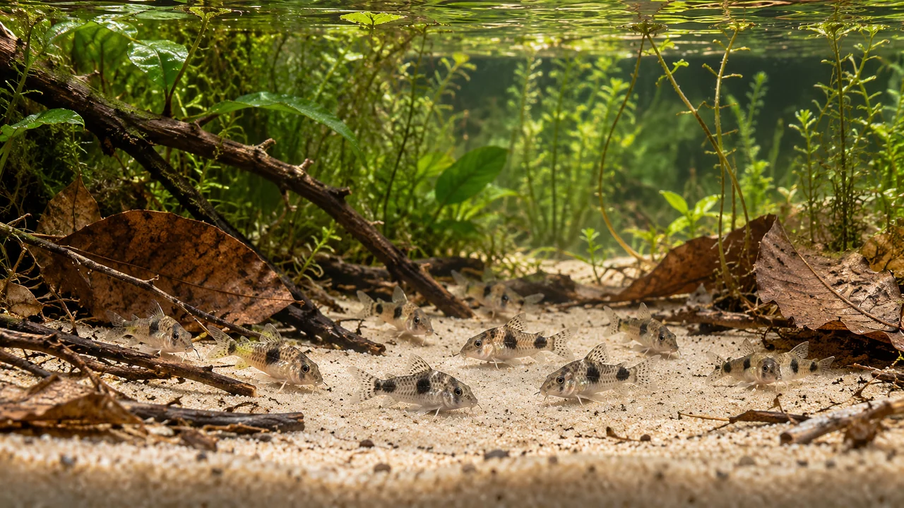 A group of salt-and-pepper corys close to the sand beneath low wood and marginal plants.