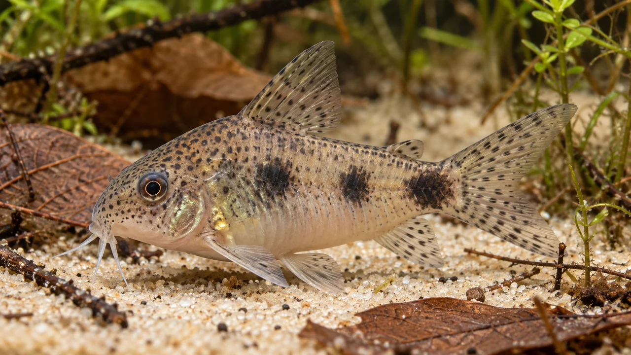 Salt-and-Pepper Cory showing its identifying shape and markings in a suitable aquarium setting.