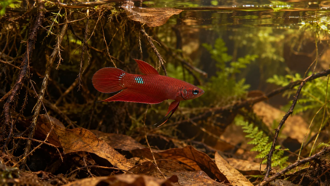 One Scarlet Betta among fine roots and scattered leaves beneath sheltered surface cover.
